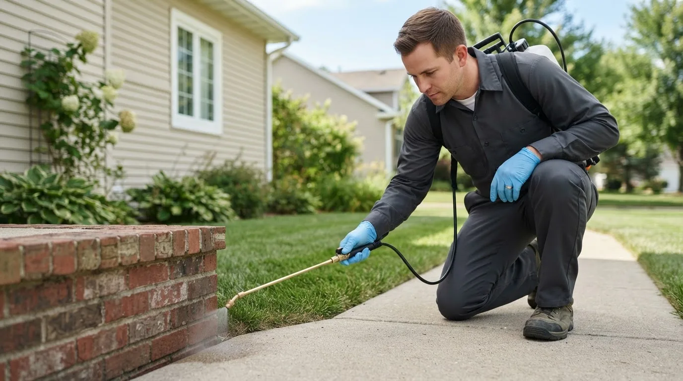 Pest control technician treating a home near Grover Hill, OH