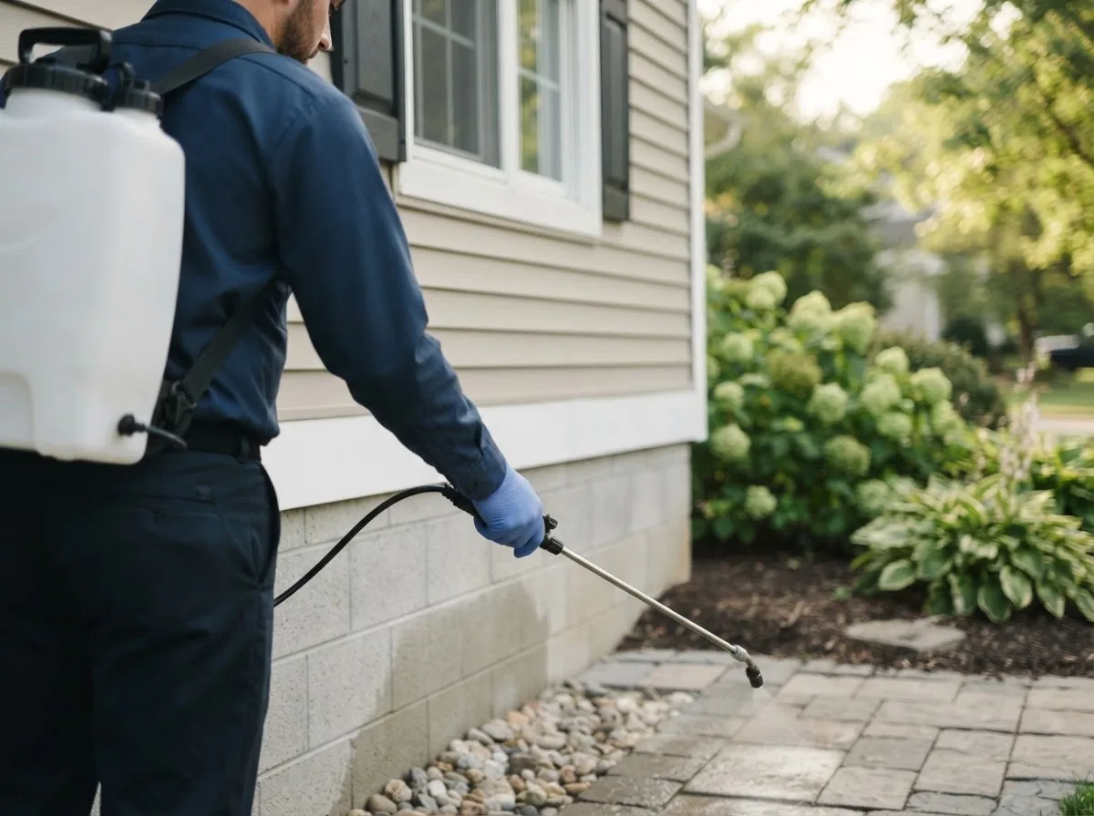 Pest control technician inspecting a home in Grover Hill, OH